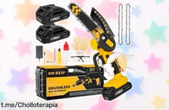 Mini motosierra eléctrica de 6 pulgadas con motor sin escobillas y pack de 2 baterías, gran oferta para cortar madera y podar rápido. No esperes más por este chollazo que te hará la vida un poco más fácil.