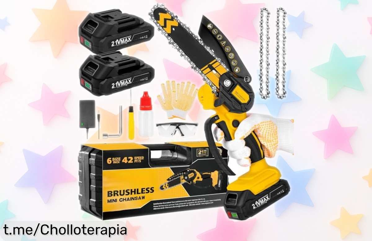 Mini motosierra eléctrica de 6 pulgadas con motor sin escobillas y pack de 2 baterías, gran oferta para cortar madera y podar rápido. No esperes más por este chollazo que te hará la vida un poco más fácil.