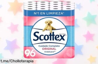Papel higiénico Scottex Original de 2 capas, ¡precio loco en pack de 96 rollos! Ahorra y olvídate del aseo mientras disfrutas de suavidad y resistencia como nunca.