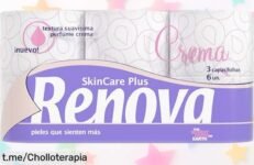 Papel higiénico decorado y perfumado RENOVA Skin Care Plus, pack de 6 rollos a un precio rebajado que dejará tu baño siempre listo para lucirse y deleitarte. ¡No te lo pierdas!