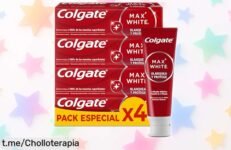 Pasta de dientes blanqueadora Colgate Max White en pack de 4 tubos a precio loco, ¡blanquea tus dientes y sonríe con confianza! No te lo pierdas.