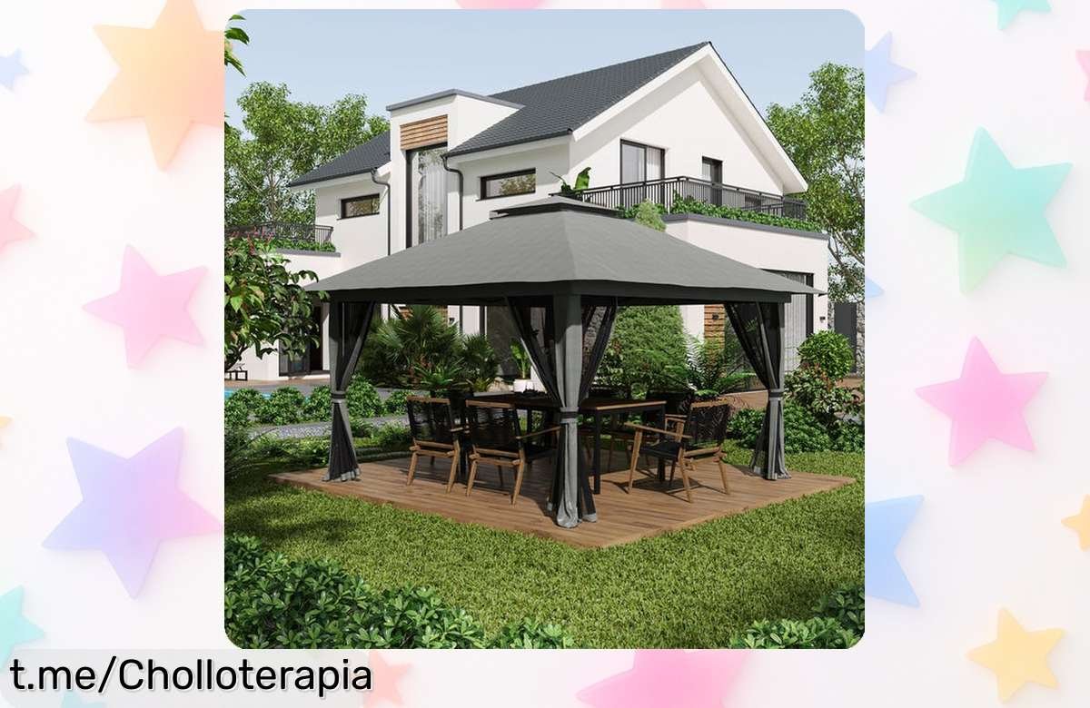 Pérgola de jardín 400×400 cm con doble techo y protección UV, a precio de escándalo, ¡disfruta del exterior protegido mientras los demás miran envidiosos!
