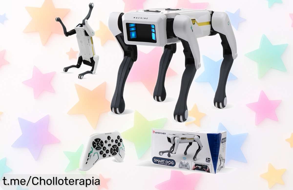 Perro robot inteligente RC que canta y baila con control por voz: ¡aplica el cupón y consigue esta maravilla a un precio loco! No dejes pasar este super chollo para tus peques.