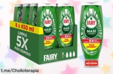 Potente lavavajillas líquido Fairy Maxi Poder, pack de 8 botellas a un precio de ganga para que tus platos brillen como nunca. ¡No te lo pierdas, solo por tiempo limitado!