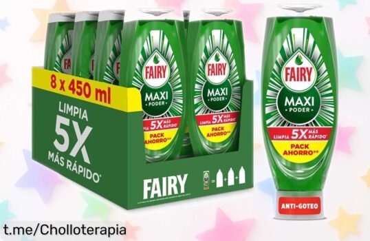 Potente lavavajillas líquido Fairy Maxi Poder, pack de 8 botellas a un precio de ganga para que tus platos brillen como nunca. ¡No te lo pierdas, solo por tiempo limitado!