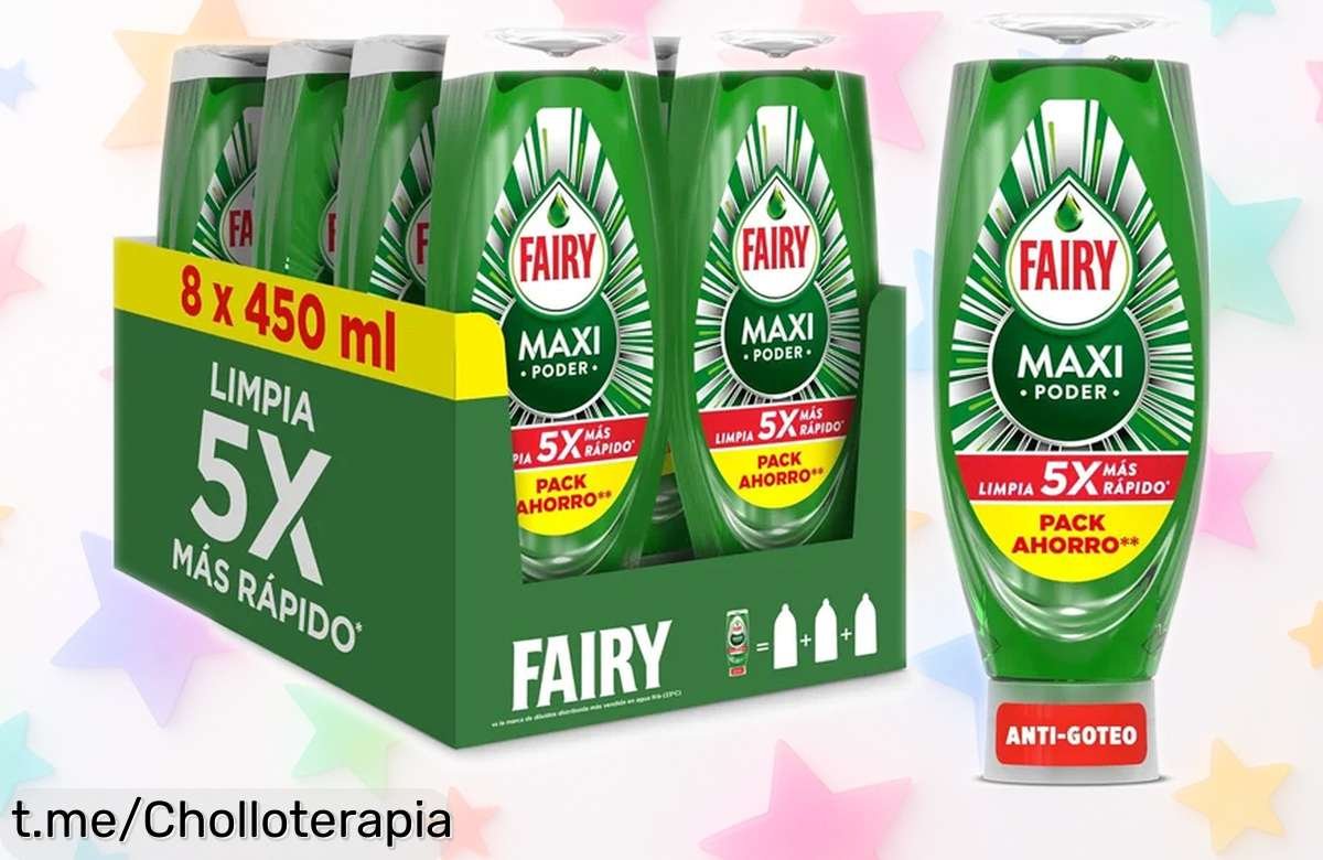 Potente lavavajillas líquido Fairy Maxi Poder, pack de 8 botellas a un precio de ganga para que tus platos brillen como nunca. ¡No te lo pierdas, solo por tiempo limitado!