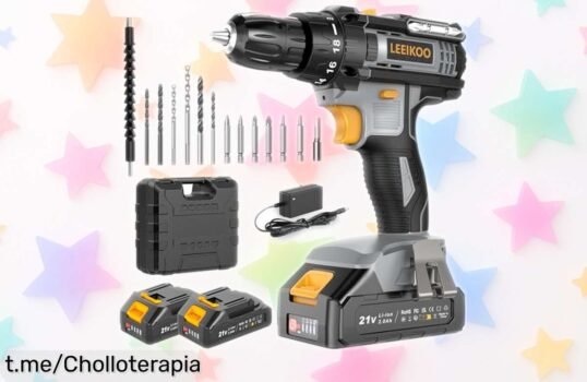 Potente taladro atornillador LEEIKOO 21V con 2 baterías, luz LED y 14 accesorios a un precio de ganga que no querrás dejar pasar para tus proyectos en casa. ¡Compra ya!