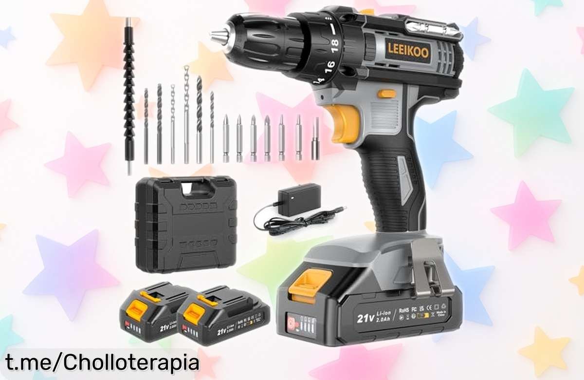 Potente taladro atornillador LEEIKOO 21V con 2 baterías, luz LED y 14 accesorios a un precio de ganga que no querrás dejar pasar para tus proyectos en casa. ¡Compra ya!