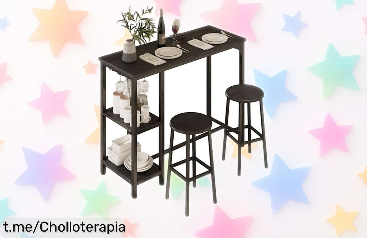 Set de mesa de bar Blishom con 2 taburetes a precio loco, ideal para tus desayunos y cafés en casa: ¡espacios pequeños jamás se vieron tan bien! No te pierdas esta oportunidad.