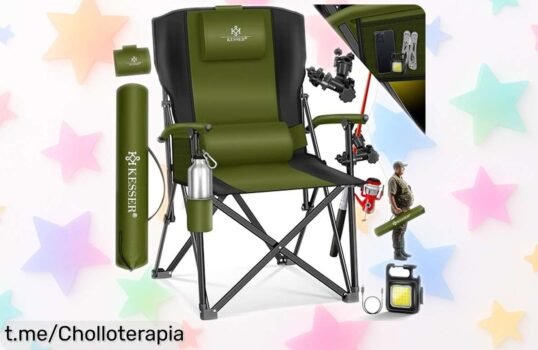 Silla de camping plegable KESSER, el chollazo perfecto para tus días al aire libre: ligera, resistente y con luz extra. ¡No te quedes sin la tuya!