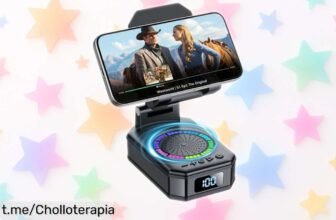 Altavoz Bluetooth pequeño con soporte para móvil, sonido HD y luces LED: ¡ofertón que hará vibrar tu casa mientras cargas el teléfono! Aprovecha este chollo antes de que se acabe.