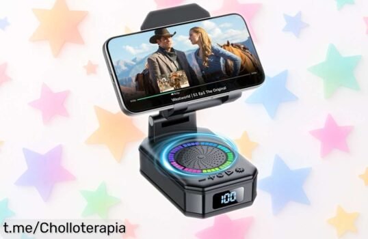 Altavoz Bluetooth pequeño con soporte para móvil, sonido HD y luces LED: ¡ofertón que hará vibrar tu casa mientras cargas el teléfono! Aprovecha este chollo antes de que se acabe.