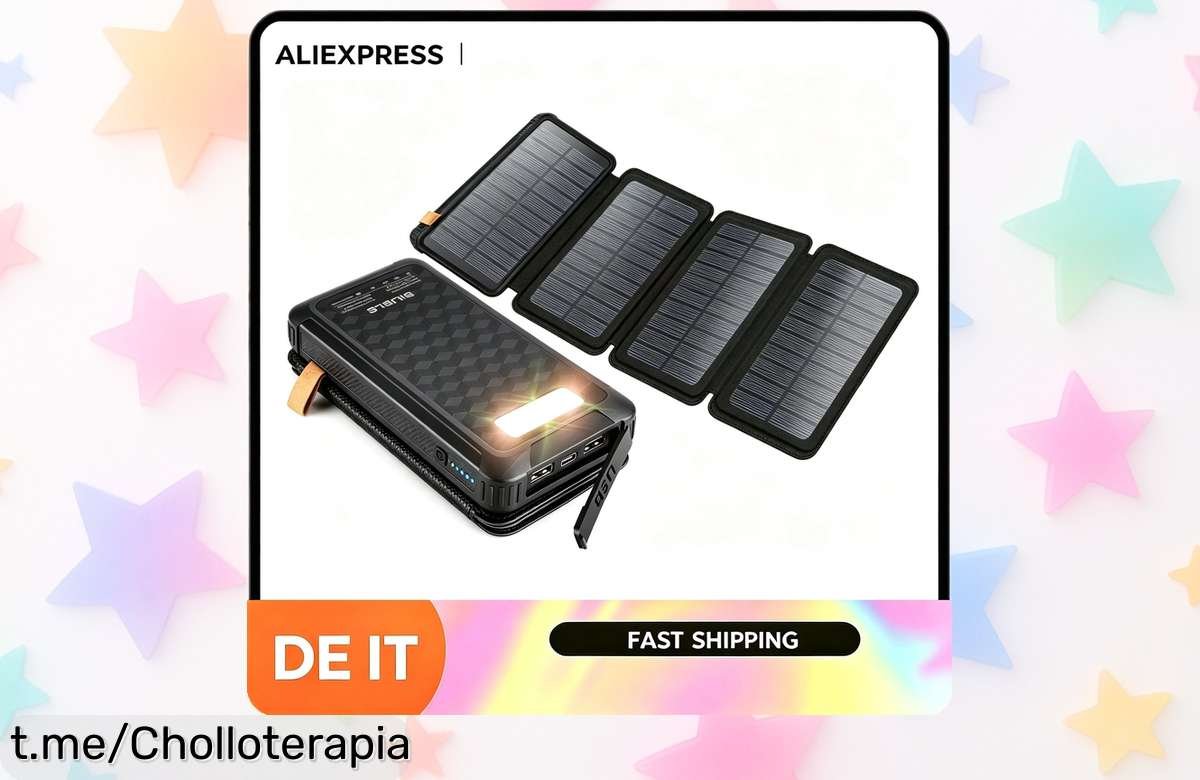 Batería externa solar de 20000 mAh para cargar tu móvil donde quieras, ¡un ofertón que no puedes dejar escapar! Carga siempre y nunca te quedes sin energía.