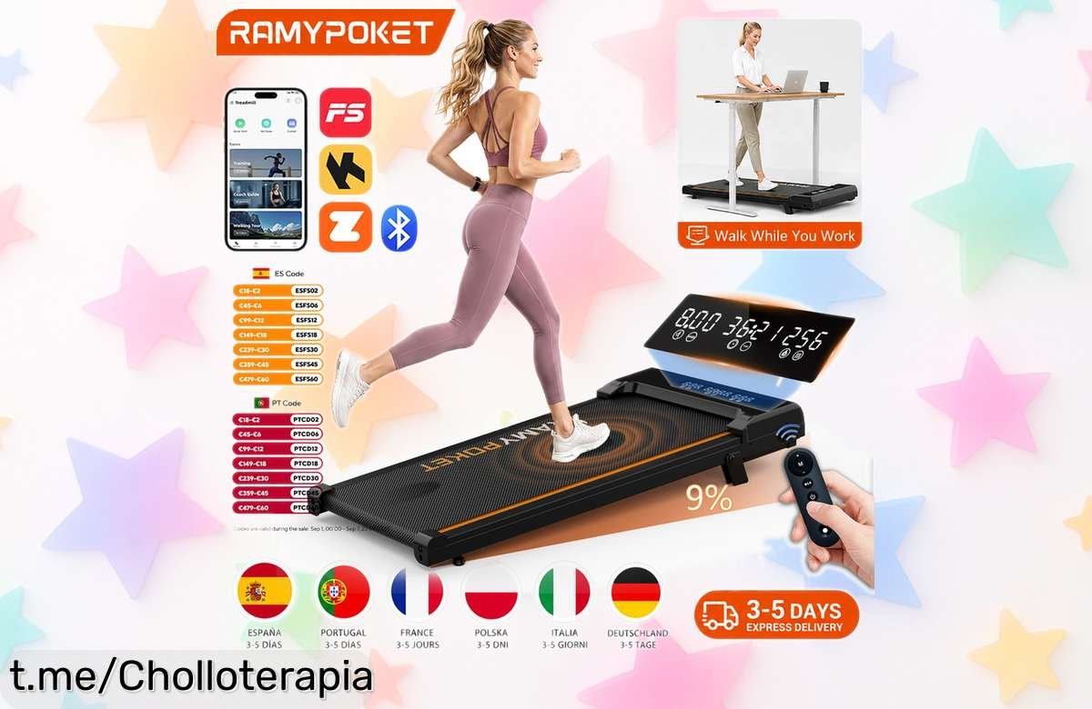 Cinta de correr RAMYPOKET con inclinación y control por app: ¡descuento brutal para que empieces a entrenar sin salir de casa, no te lo pierdas!