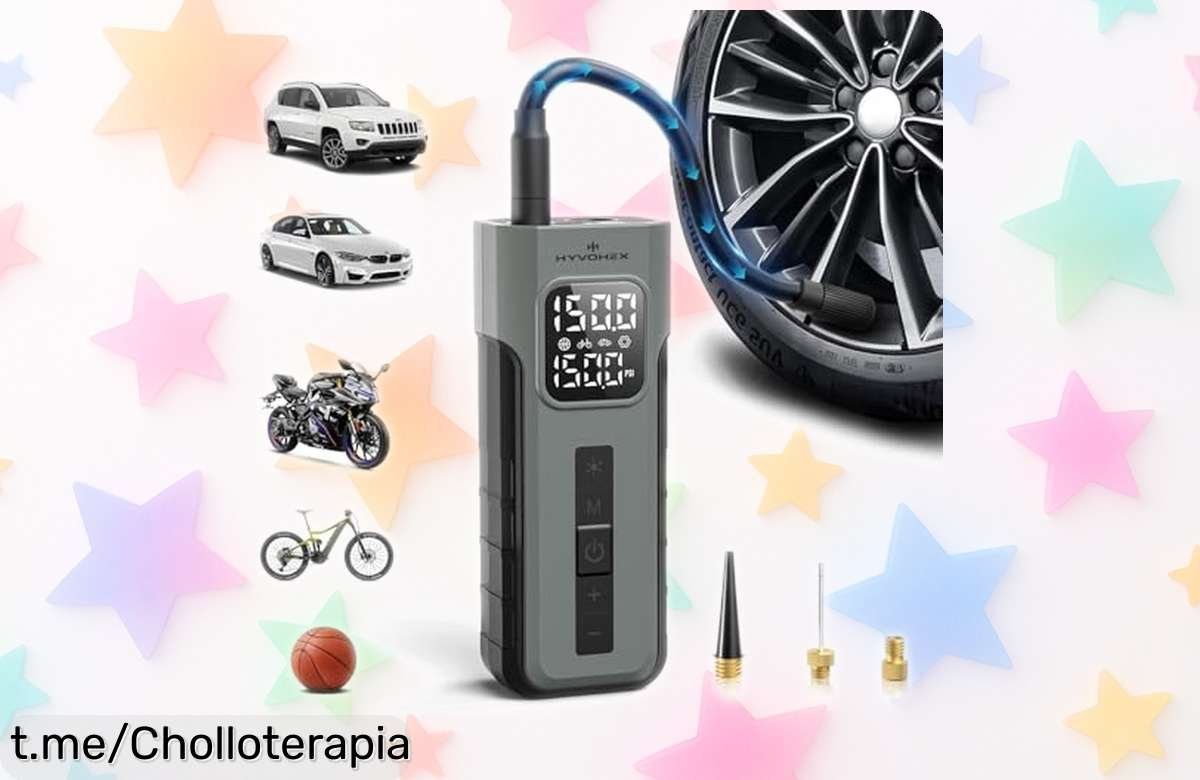 Compresor de aire portátil HYVOHEX que infla rápido y sin cables, con parada automática para tener el control: no te pierdas este ofertón práctico y potente que vuela en segundos.
