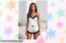 Deslumbrante conjunto de pijama de encaje satinado para mujer, un chollazo que convierte tus noches en algo especial y sexy, ¡no te lo pierdas!