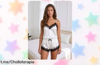 Deslumbrante conjunto de pijama de encaje satinado para mujer, un chollazo que convierte tus noches en algo especial y sexy, ¡no te lo pierdas!