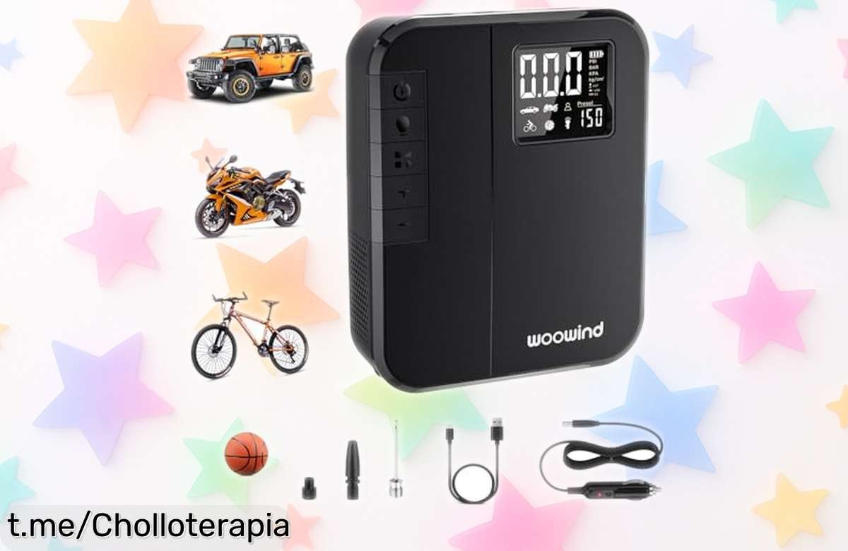 Inflador eléctrico portátil Woowind DP3, infla tus ruedas en solo 6 minutos y apágala sola. Aprovecha este chollazo para siempre tener tus ruedas listas y sin complicaciones. ¡Compra ya!