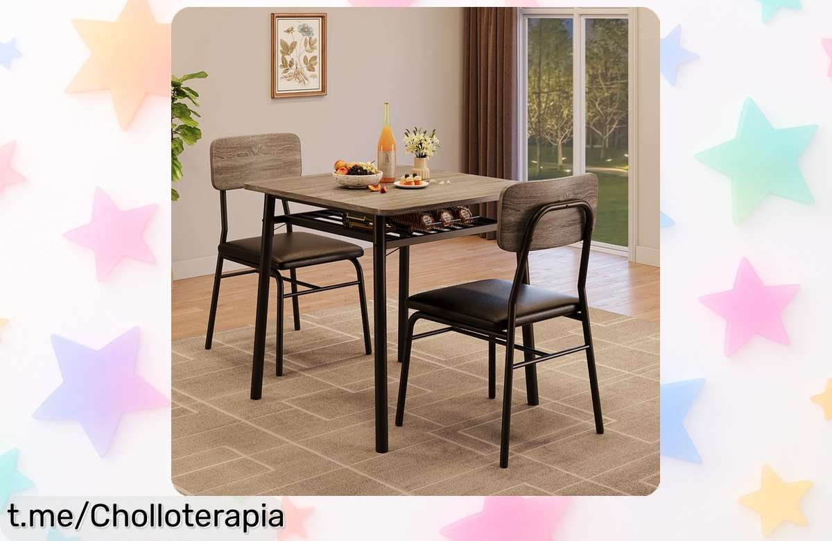 Mesa pequeña para comedor con 2 sillas tapizadas y estante: ¡un set ideal que ahora está a un precio regalado! Aprovecha esta oferta irresistible antes de que desaparezca.
