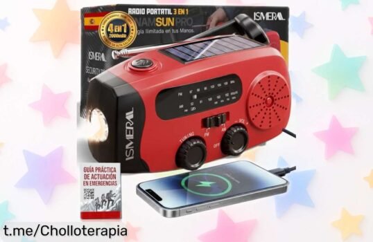 Radio solar de emergencia con manivela y linterna LED, ¡una pasada por un precio increíble! No te quedes sin luz ni música cuando más lo necesites.