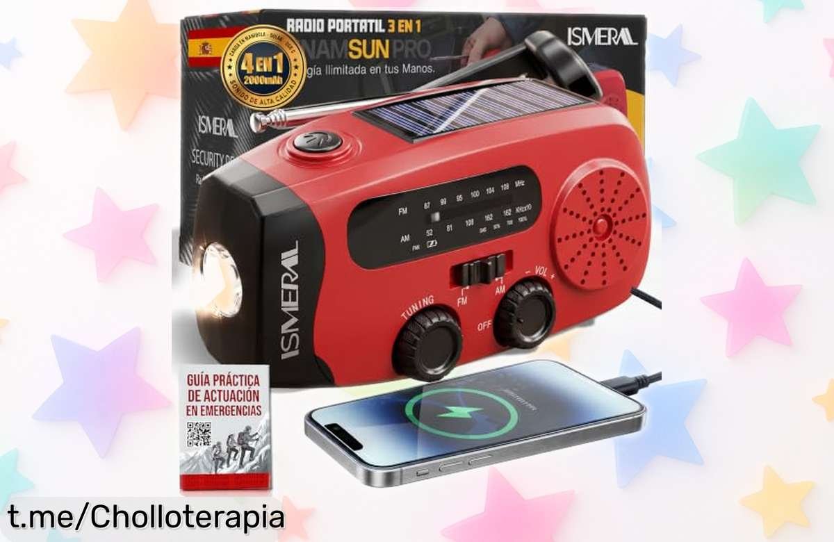 Radio solar de emergencia con manivela y linterna LED, ¡una pasada por un precio increíble! No te quedes sin luz ni música cuando más lo necesites.