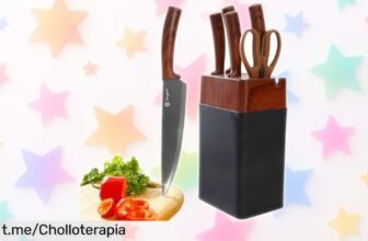 Set de 7 cuchillos Kezidhp en bloque de madera, precio rebajado y afilador integrado para que cocinar sea un placer; no te quedes sin el tuyo y transforma tus platos hoy.