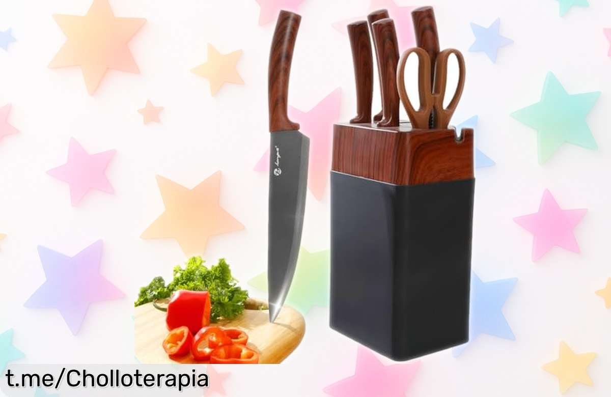 Set de 7 cuchillos Kezidhp en bloque de madera, precio rebajado y afilador integrado para que cocinar sea un placer; no te quedes sin el tuyo y transforma tus platos hoy.