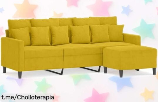 Sofá de 3 plazas con taburete de terciopelo vidaXL, ¡un ofertón que transforma tu salón y no querrás dejar escapar!