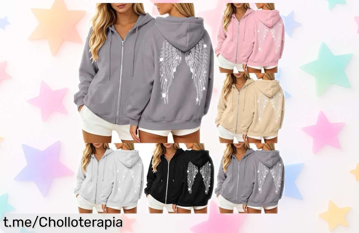 Sudadera con cremallera para mujer y alas de ángel de pedrería a un precio rebajado, ¡no te quedes sin la tuya y presume estilo en cada ocasión!