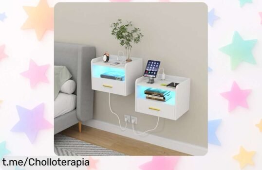 Transforma tu hogar con las mesitas de noche flotantes HaodaCulture, ¡con luces LED y puertos USB! Precios rebajados que no podrás dejar pasar. ¡Hazte con el set ahora y deslumbra en tu descanso!