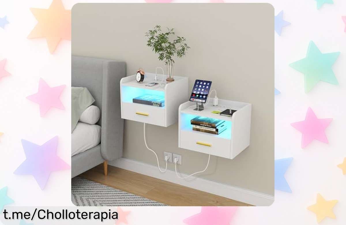 Transforma tu hogar con las mesitas de noche flotantes HaodaCulture, ¡con luces LED y puertos USB! Precios rebajados que no podrás dejar pasar. ¡Hazte con el set ahora y deslumbra en tu descanso!