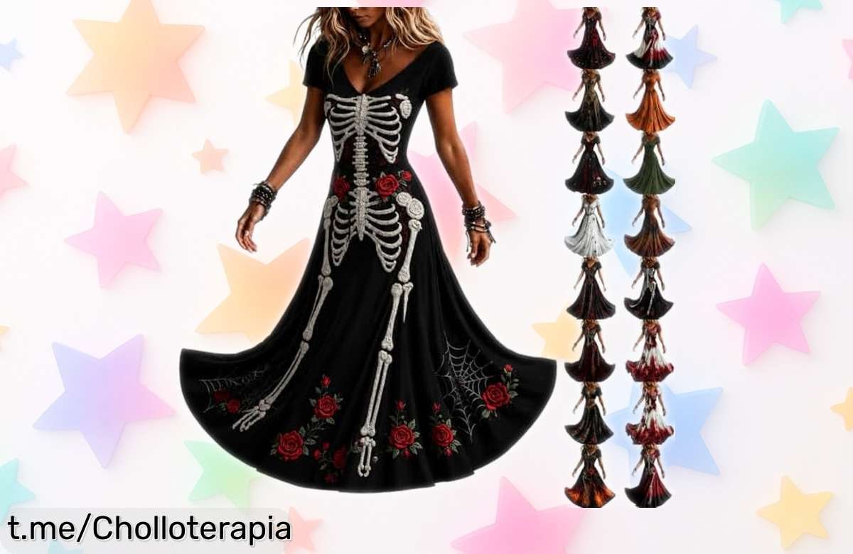 Vestido gótico maxi de esqueleto para mujer a un precio loco, ¡prepárate para Halloween con este ofertón que no puedes dejar escapar!