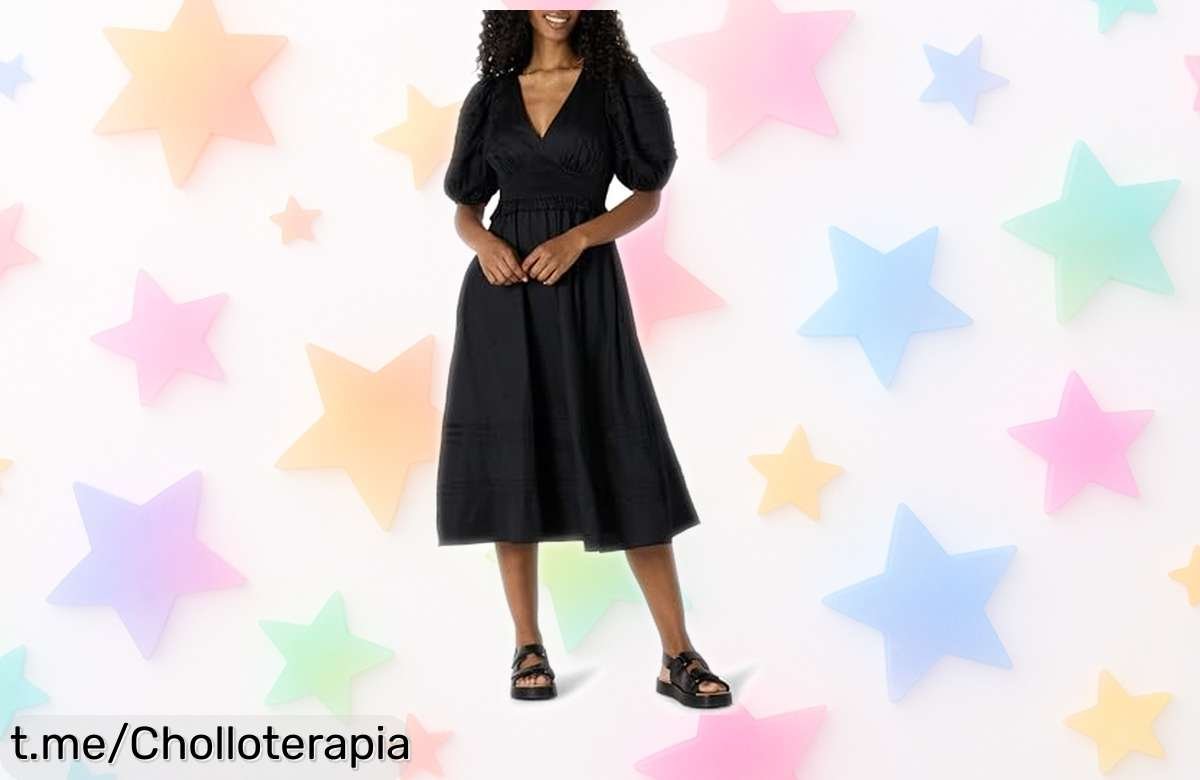 Vestido midi con vuelo y mangas abullonadas de Amazon Essentials, la ganga perfecta para tus planes. No te quedes sin el tuyo, este precio no se repite.