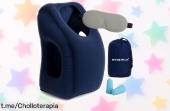 Almohada de viaje hinchable Prismia, el descanso que necesitas con tapones y antifaz ¡Aprovecha este precio de ganga y relájate en cualquier lugar!
