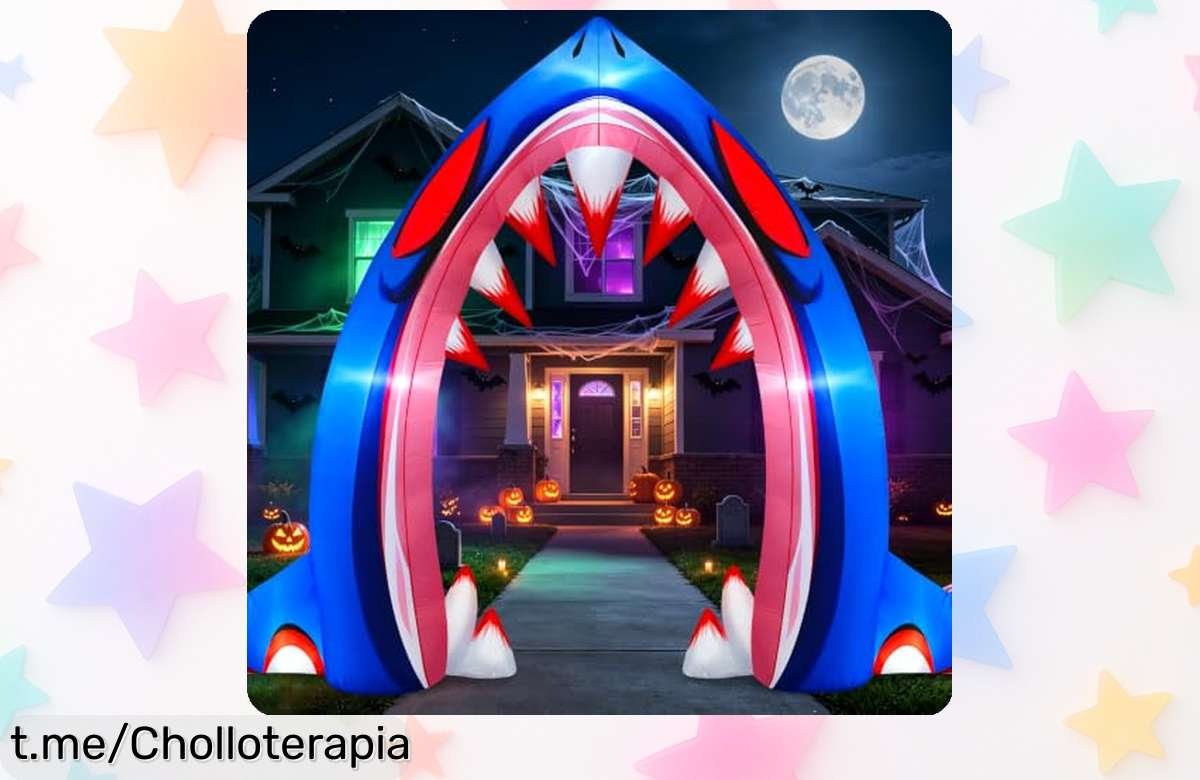 Arco inflable de tiburón Danxilu 3M con luces LED: ¡haz que tu entrada brille en Halloween por un precio récord! No te lo puedes perder, transforma tus fiestas al instante.