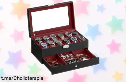 Caja para 12 relojes SONGMICS con tapa de cristal y llave a un precio loco que no querrás dejar pasar, ¡dale a tus joyas el hogar elegante que merecen ahora mismo!