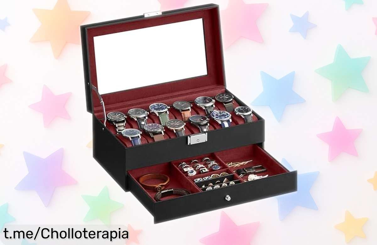 Caja para 12 relojes SONGMICS con tapa de cristal y llave a un precio loco que no querrás dejar pasar, ¡dale a tus joyas el hogar elegante que merecen ahora mismo!