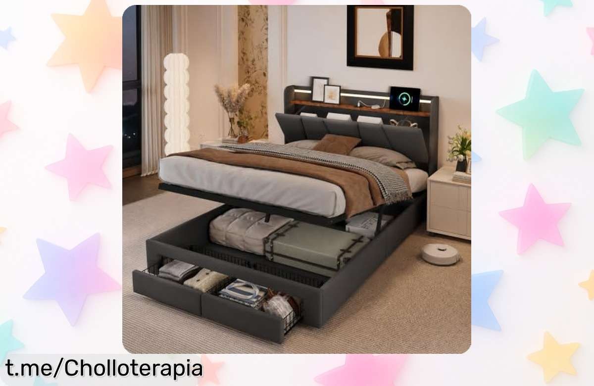 Cama canapé con almacenamiento hidráulico y luz LED: súper práctica, moderna y ahora a un precio loco para organizar tu espacio. ¡No dejes pasar esta oportunidad única!