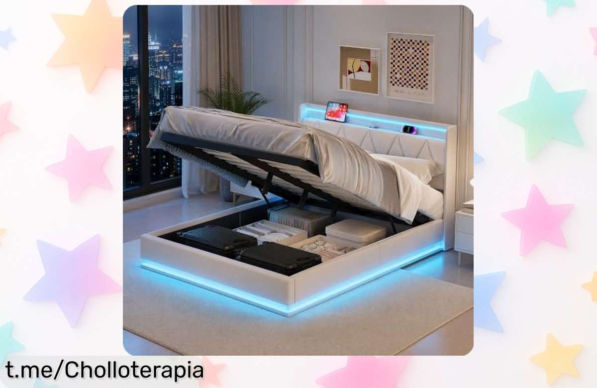 Cama tapizada con almacenaje hidráulico y luces LED para cargar el móvil, ¡super chollo que no puedes dejar pasar! Dale un giro a tu habitación sin complicaciones.