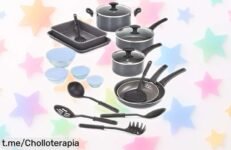 Completo set de batería de cocina de 21 piezas con sartenes y ollas que se limpia en un abrir y cerrar de ojos, ahora a precio escandaloso para revolucionar tus comidas. ¡No te quedes sin el tuyo!