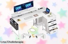 Deslumbrante escritorio en L ODK con 4 cajones y tomas USB integradas; aprovecha este ofertón que organiza tu espacio ¡y recarga sin complicaciones!