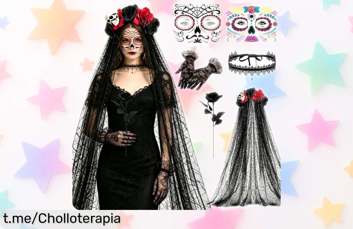 Diadema y velo de encaje con rosas para destacar en Halloween, incluye tatuajes temporales. ¡Ofertón que no puedes dejar pasar para brillar en tu fiesta!