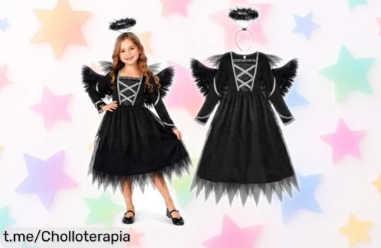 Disfraz de ángel negro para niña ReliBeauty con alas y halo antideslizante ¡Super chollo a precio tirado! Hazla brillar en la fiesta sin complicaciones, no te lo pierdas.