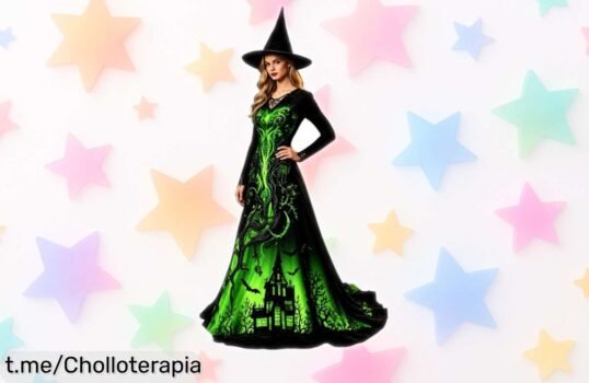 Disfraz de bruja para mujer con vestido y mangas largas, ¡super chollo que se queda a un precio de locos! No te pierdas la oportunidad de ser el alma aterradora de la fiesta.