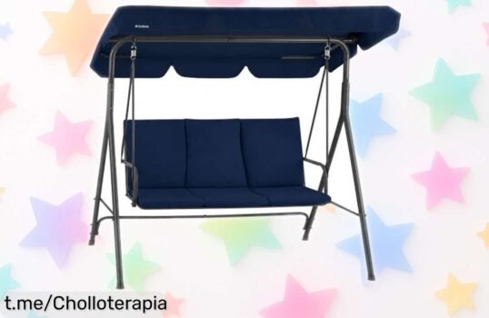 Disfruta del balancín HinHocker para tres personas con toldo ajustable y estructura resistente, ¡ahora a un precio de escándalo! No pierdas la ocasión de transformar tu jardín en un lugar especial.