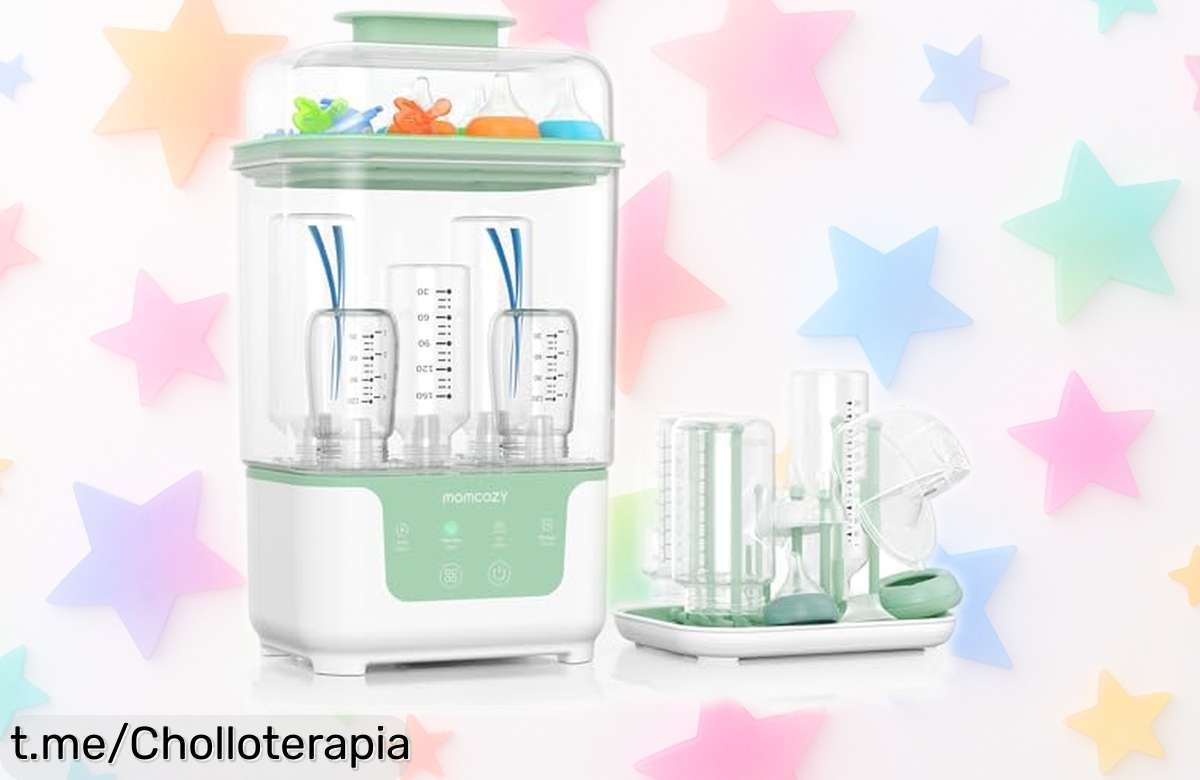 Esterilizador y secador eléctrico Momcozy para 6 biberones a un precio loco: elimina el 99,9% de bacterias en solo 8 minutos. ¡Hazte con este ofertón que te quitará preocupaciones ya!