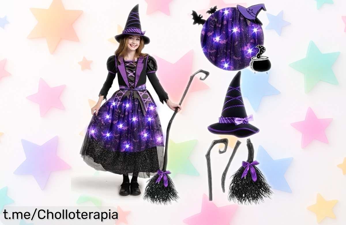 Increíble disfraz de bruja para niña con vestido, sombrero y escoba incluídos a un precio que te hará sonreír ¿Te imaginas la ilusión en su cara? ¡Aprovecha ya esta oferta!