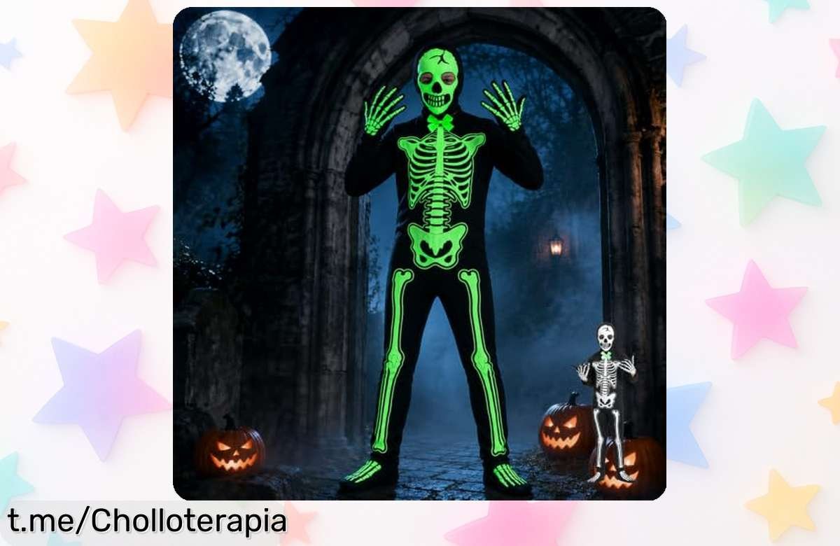 Increíble disfraz de esqueleto que brilla en la oscuridad, incluye capucha y guantes para destacar en tus fiestas. Hazte con él antes de que desaparezca a este precio imbatible.