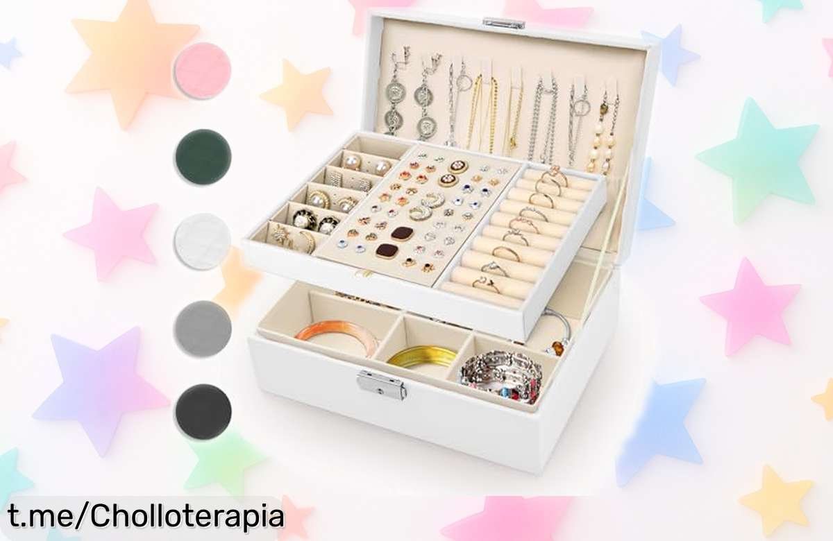 Joyero organizador de 2 capas con cerradura y llave, ¡un ofertón para cuidar tus tesoros! No hay nada mejor que tener todo a mano y siempre seguro. ¡Hazlo tuyo antes de que se agote!