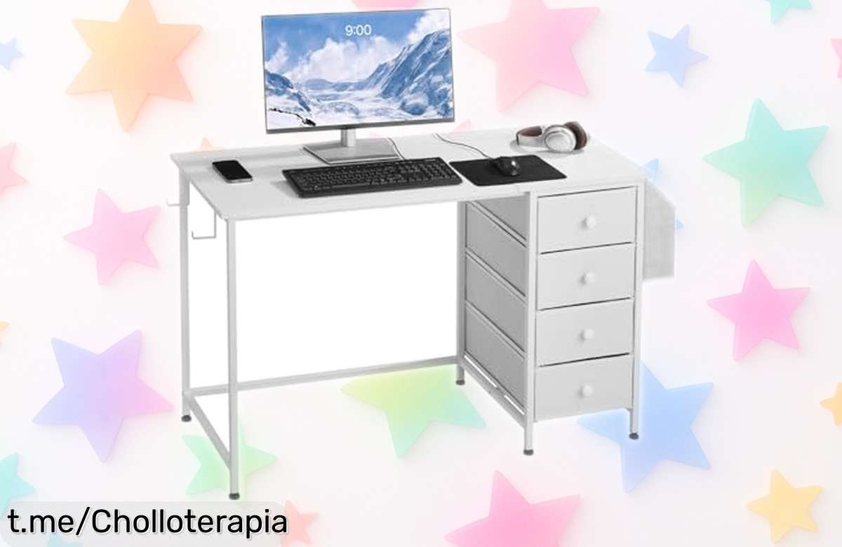 Mesa de estudio VEVOR con 4 cajones y gancho lateral a precio loco, súper estable para tus proyectos; no te quedes sin la tuya y siente la diferencia en cada tarea.